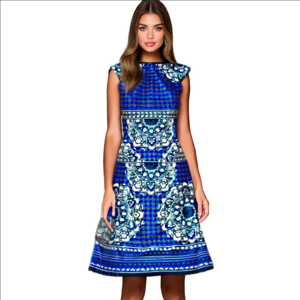 London Times Royal Blue White Geometric Design Bateau Neck Midi Dress sz. 8